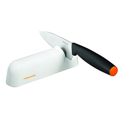 Fiskars Messerschärfer für glatte Messerklingen aus Stahl, Keramikschleifstein, Functional Form, Roll-Sharp, Weiß/Orange, 1014214 - 5