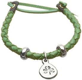 Green Leather Plaited Wristband with a Silver Shamrock Charm and Leather Straps