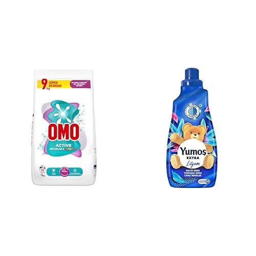 Omo Active Beyazlar ve Renkliler için Toz Çamaşır Deterjanı, 9 kg, 60 Yıkama, 1 Paket (1 x 9000 g) ve Yumoş Extra Çamaşır Yumuşatıcısı Lilyum 1440 ml