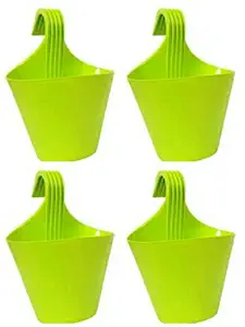 SKYCAP Hanging Hook Flower Pot Plastic Plant Container for Home Garden Office Balcony Lawns Compound and Raillings 4 Pieces(Green Colour) Combo