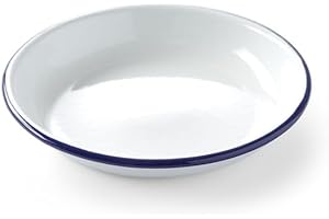 HENDI Piatto in acciaio smaltato bianco, con bordo blu, rotondo, piatto fondo, per campeggio, escursioni e picnic, ø200x(H) 32mm