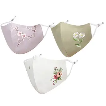 Masq By Q-One Blossom Reusable, Washable, Anti-Bacterial (BFE>99%) 4 Layer Embroidered, Fashionable Cotton Cloth Face Mask for Women with Ear Adjusters and Mask bag (Purple-White-Green)
