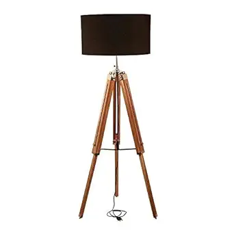 Indian Made Wooden Tripod Floor Lamp Sheesham (Rose Wood) | Black Cotton Shade | Drum Shape (5.08 Foot (Equals to 61 Inches)) by Cocovey