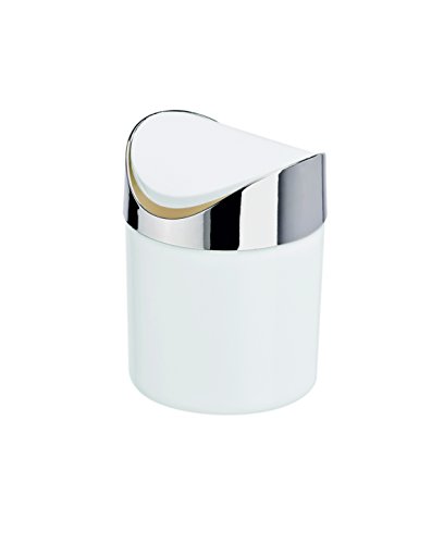 Tischabfalleimer aus Kunststoff in weiß - mit Schwingdeckel und verchromtem Ring, Höhe: 15,5 cm