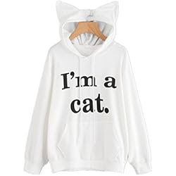 SIMYJOY Mujer Sudadera con orejas de gato Sudadera con capucha con gatito sudadera con suelta blanco S