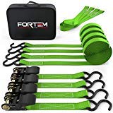 Set de Sangles d'Arrimage à Cliquet FORTEM | Résistance de Charge 225 kg et de Rupture 680 kg | 4 Crochets en Métal Plastifié - 4 Sangles de Fixation de 4.5m - 4 Boucles | BONUS: Housse de Transport