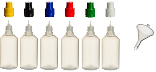6 Stück 50 ml PP-Flaschen MIT FARBIGEN DECKELN + Füll-Trichter - Quetschflasche Leerflasche Kunststofflasche Plastikflasche Spritzflasche quetschbar zum befüllen und mischen auch Liquide