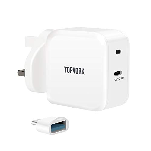 TOPVORK USB Type C Wall Charger, 30W with Power Delivery, PowerPort Speed PD 30 for MacBook Pro/Air 2018, iPad Pro 2018, iPhone XS/Max/XR/X/8/7/Plus, Nexus 6P, LG G6, Pixel C/3/2/XL, MateBoota