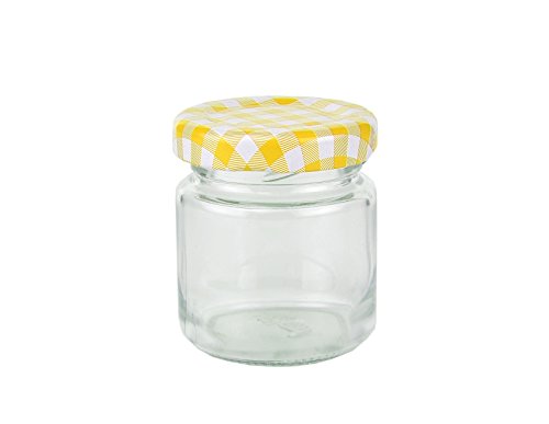 28er Set Rundgläser 53 ml Deckelfarbe gelb weiß kariert TO 43 inkl. Diamant Gelierzauber Rezeptheft, Einmachgläser, Einkochgläser, Vorratsgläser, Mini Sturzgläser, Obstgläser, Portionsgläser, Gläser - 2