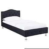 Einzelbett mit Gestell aus hochwertigem Kiefernholz und mit robustem und pflegeleichtem Stoff in schwarz gepolstert