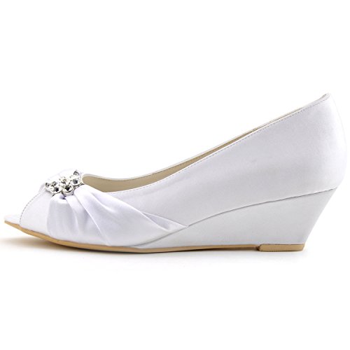 Elegantpark WP1403 White Women's Peep Toe Rhinestone Fashion Wedge Heel Satin Bridal Shoes UK5