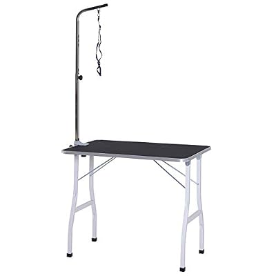 Pawhut Table de toilettage Pliante avec Potence réglable en Hauteur et Sangle dim. 91L x 61l x 148H cm MDF Acier INOX. Blanc Noir