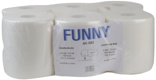 Funny 2-Ply Hand Towel Roll, Centrefeed, 20 cm, Brilliant White, 450 Sheets (Pack of 6)