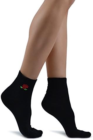Women's Black Socks with Embroidered Red Rose