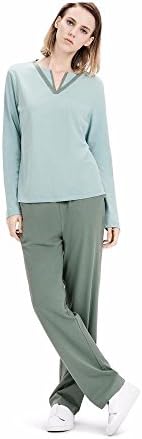 aabby Autumn Summer Cotton Thin Sets Pajamas Can Be Wore Outside Loose Long Sleeve Pants, Sexy Home Clothes,M,Matcha Green/Green wormwood