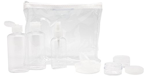 Transparentes Reiseset mit 2x Fläschchen, 1x Zerstäuber, 3x Cremedöschen, 2x Spachtel in Tasche