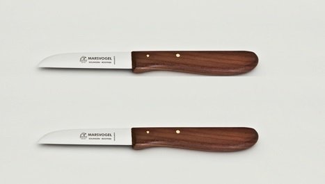 2 x Küchenmesser, rostfrei, sehr scharf, Klinge 3" = 7,2 cm, gerade, Kirschbaum-Holzgriff, Marsvogel Solingen