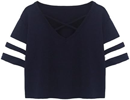 Hmeng Women's Fashion V Neck Short Sleeve T Shirt Casual Criss Cross Loose Summer Solid Crop Top (Navy, M)