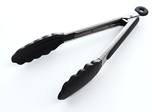 iNeibo Kitchen grillzange/küchenzange/servierzange/universal zange aus hochwertigem edelstahl und lebensmittelqualität silikon- rutchfest & hitzebeständig mit intelligenten sicherungsclip. Perfekter küchenhelfer zum kochen, servieren, Grill, Buffet, salat, Eis, Ofen (Schwarz / 23cm) - 2