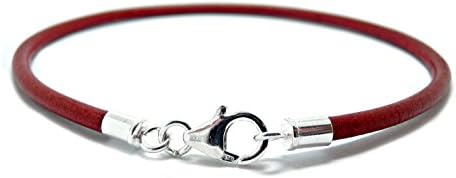 Men's/Ladies 3mm Leather Bracelet With Sterling Silver Ends &amp; Clasp-Red