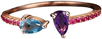 ORKST Inlaid Natural Blue Topaz Amethyst Ring, Rose Gold Engagement Wedding Ring, Adjustable Opening Ring