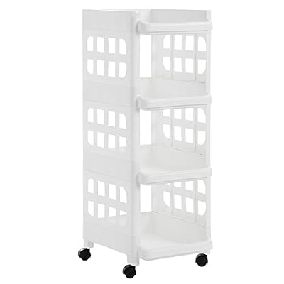 SONGMICS Étagère sur roulettes 4 niveaux Plastique polypropylène Gain de place Cuisine&Salle de bains Rangement des affaires Blanc KSC02WT