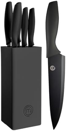 MasterChef Set Coltelli da Cucina con Ceppo Universale, Portacoltelli con Lama Affilato per Pane, Carne, Verdure e altro, Acciaio Inox, Prova di Calore, Manici Neri, 5 Pezzi, Nero