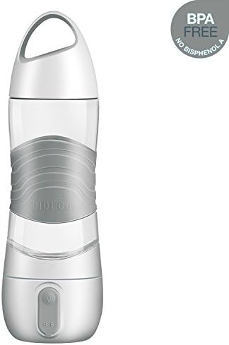 Sport Water Bottle, KINYEE 4 In 1 14 Ounce BPA-Free Leak Proof Smart Water Bottle With Plastic Cup/Diffuser Humidifier/Lighting/SOS/Hydration Reminder USB Rechargeable LED Flashlight for Outdoor (Grey)