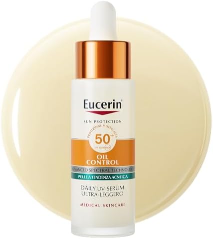 Eucerin Oil Control Daily UV Serum Ultra-Leggero SPF 50+ 50 ml, Protezione solare viso 50+ opacizzante, Siero viso Vitamina C & E per pelle grassa e acneica, Senza profumo, Non comedogenico