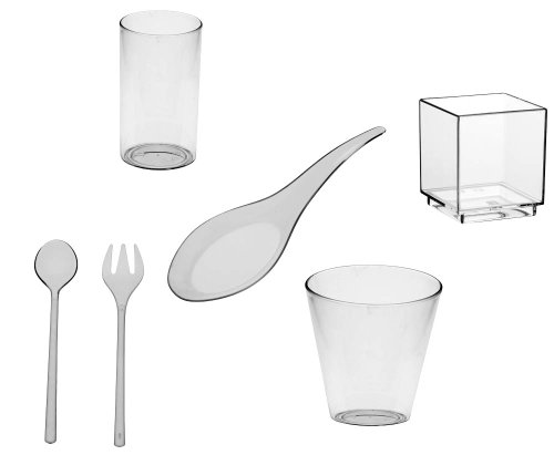 Preisvergleich Produktbild 56 Teile Party - Set Fingerfood, PS glasklar bestehend aus: 8 Fingerfood - Becher rund "Diagonal", 6 Fingerfood - Becher, 6 Fingerfood - Schalen eckig, 12 Asia-Löffel , 12 Gäbelchen, 12 Löffelchen