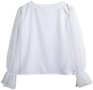 Suvimuga Women Mesh Patchwork Sheer Lantern Sleeve Scoop Neck Blouse T Shirt White L