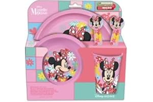 STOR 5-częściowy zestaw naczyń dla dzieci. Talerz, miska, szkło i sztućce 260 ml, nie zawiera BPA, wygląd wiosny, mysz Minnie, różowy