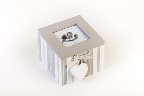 Dekoschachtel, Personalisierbar, Weiß Grau Gestreift Aus Holz In Shabby Chic, Mit Austauschbarem Foto Und Herzanhänger, Präsentbox, Aufbewahrungsbox