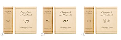 Spardose Buch aus Holz mit Gravur zur Hochzeit – Motiv Herzen – Personalisiert mit Namen und Datum – Sparbuch als Hochzeitsgeschenk – Geldgeschenk-Sparbüchse aus Ahornholz – 13,5 x 16,5 x 6,5 cm - 3