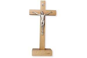 CROSS MY HEART 22cm Free Standing Pear Wood Crucifix Cross Silver Metal Corpus 11576