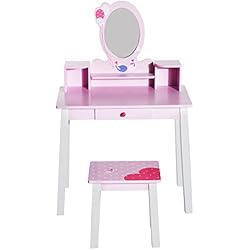 Homcom Coiffeuse Enfant Table de Maquillage avec Tabouret, 1 tiroir, Miroir 59 x 39 x 92 cm Bois Rose