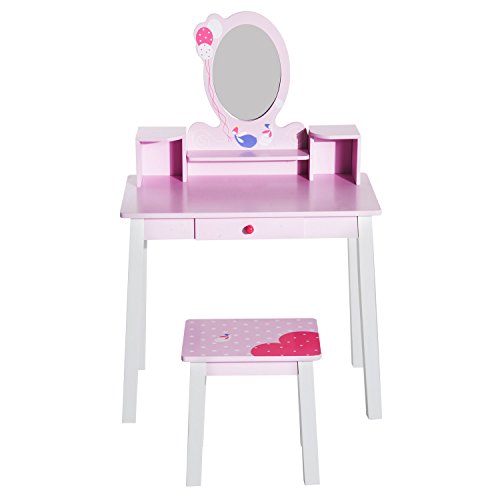 Homcom Coiffeuse Enfant Table de Maquillage avec Tabouret, 1 tiroir, Miroir 59 x 39 x 92 cm Bois Rose