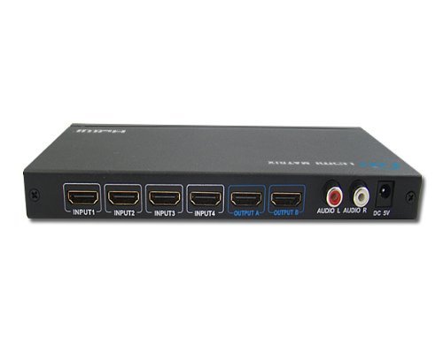 HDMI Matrix 4×2 – HDMI Splitter Switch mit 4 Eingängen und 2 Ausgängen für Tv beamer usw. – Schaltung beliebig über Kreuz möglich – 1080P FullHD 3D HDCP Fernbedienung Verstärker integriert - 2