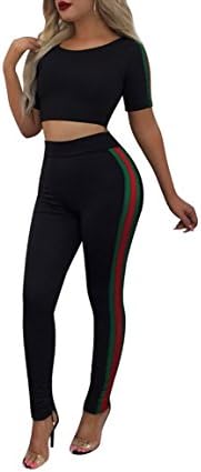 LANGLUO Women's Short Sleeve Round Neck Crop Top Bodycon Two Piece Jumpsuit