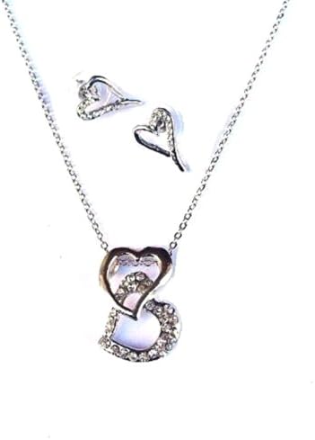 Twin Heart Love Necklace Earrings Set Silver Crystal Diamante Chain Bridesmaid Bridal Dress Jewellery for Women Girls