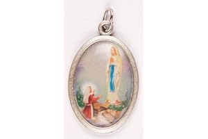 ROSARYBEADS4U 1" Our Lady LOURDES Silver Coloured Metal Medal Charm Pendant - Enamelled Icon