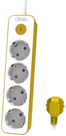 Philips CHP2145Y - Ciabatta a 4 spine, colore: bianco/giallo, cavo da 1,5 metri, interruttore principale, chiusura di sicurezza automatica, indicatore LED di alimentazione
