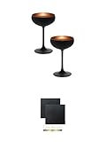  Sektschale Stölzle 2 Gläser - Olympic Serie matt-schwarz BRONZE 2739408 + Schiefer Glasuntersetzer eckig ca. 9,5 cm Ø 2 Stück