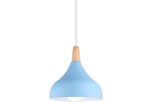 HONGHO Suspension Luminaire Vintage Métal Lustre Industriel Lampes E27 Corde Ajustable Abat-jour Bois Aluminium pour Salon Cuisine Restaurant Salle à manger Chambre (Bleu)