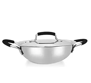 Warmeo Stainless Steel Tri Ply Kadai Induction Friendly, Size 22cm, Capacity 2.0 Liter, Colour Silver