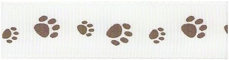 Paw Print grosgrain ribbon - choc on white 16mm x 20m