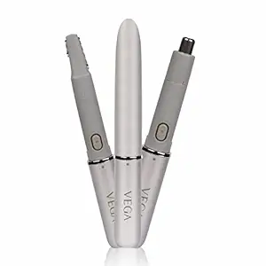 VEGA EZY 2 In 1 Trimmer For Women & Men: Suitable For Eyebrow, Nose, Beard Styling & Body, IPX 5 Water Resistant, (VHBT-02), Silver