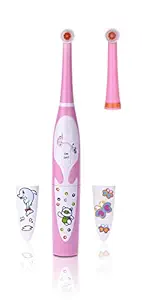 JSB HF128 Kids Electric Power Toothbrush with Music, 2 Minutes Auto Timer & Changeable Cartoon Stickers (Pink)