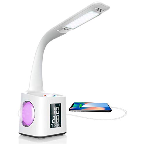 LED Schreibtischlampe Touch Control Augenschutz Tischlampe mit USB-Ladeanschluss, Bildschirm und farbigem Nachtlicht Dimmbare Kinderlampe mit Stifthalter und Wecker 10W