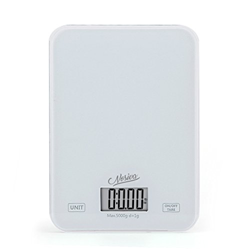NOSIVA Digitale Küchenwaage mit großer LCD Anzeige - Weiss Hartglas Stand Waage für Lebensmittel/Kräuter/Kaffee, Hohe Präzision auf bis zu 1g (5kg Maximalgewicht)